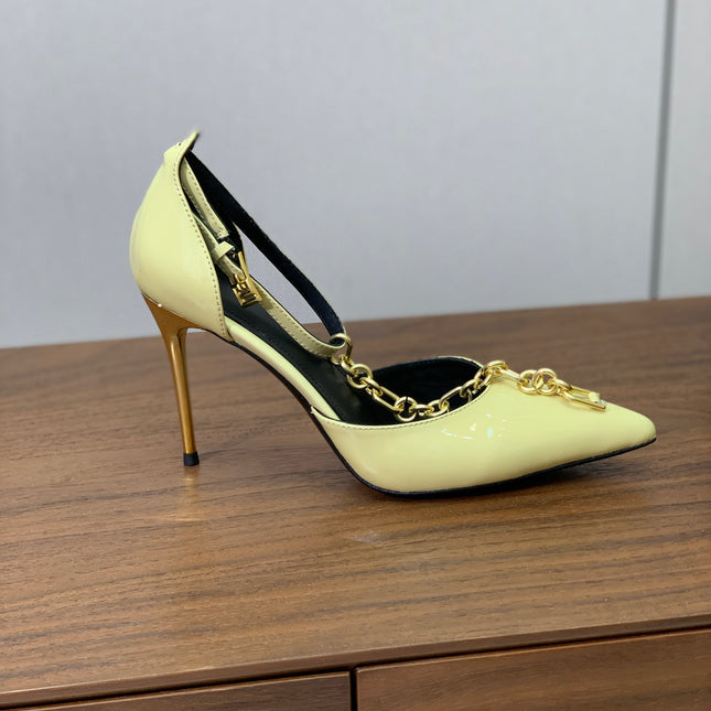 BALMAIN 26S CHAIN HIGH HEELS 95 MM IN PASTEL YELLOW PATENT CALFSKIN