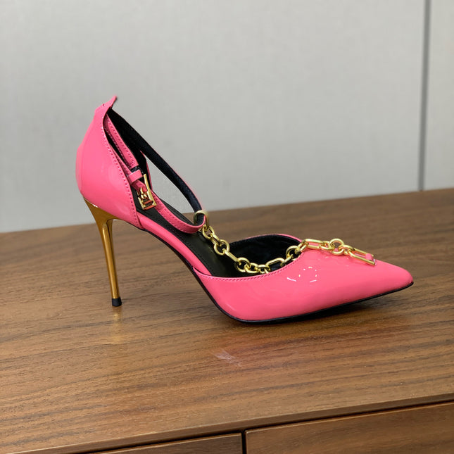 BALMAIN 26S CHAIN HIGH HEELS 95 MM IN PINK PATENT CALFSKIN