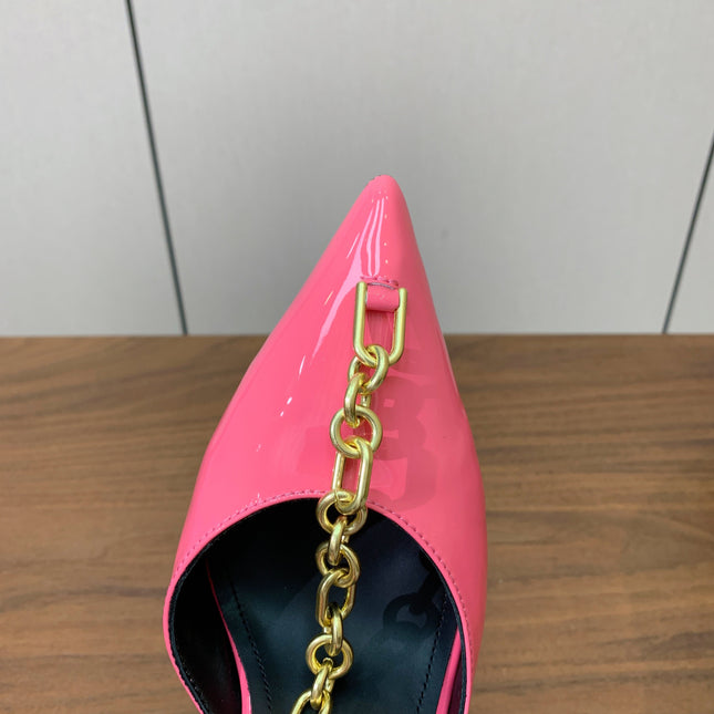 BALMAIN 26S CHAIN HIGH HEELS 95 MM IN PINK PATENT CALFSKIN