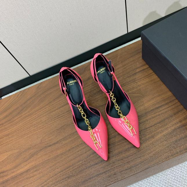 BALMAIN 26S CHAIN HIGH HEELS 95 MM IN PINK PATENT CALFSKIN