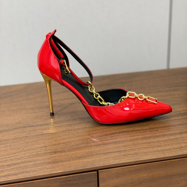 BALMAIN 26S CHAIN HIGH HEELS 95 MM IN RED PATENT CALFSKIN
