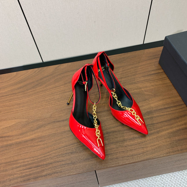 BALMAIN 26S CHAIN HIGH HEELS 95 MM IN RED PATENT CALFSKIN