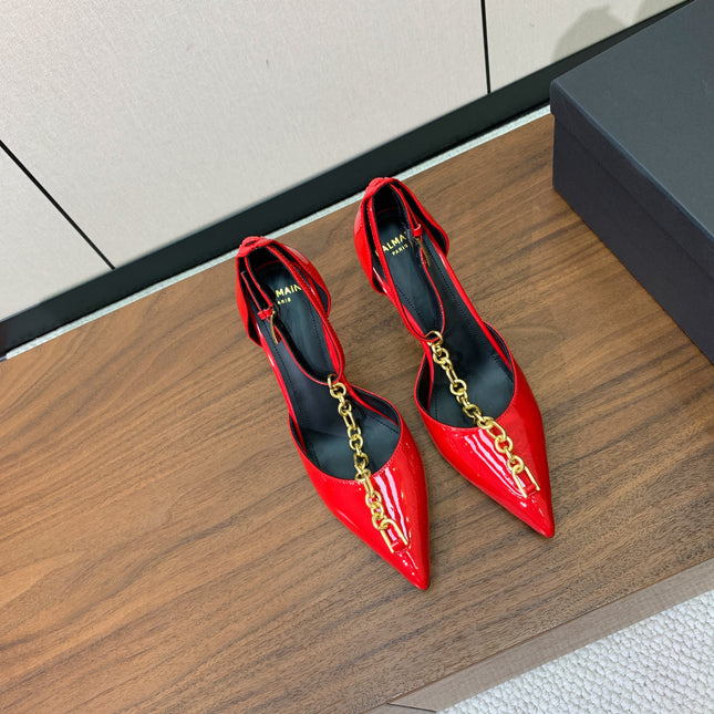 BALMAIN 26S CHAIN HIGH HEELS 95 MM IN RED PATENT CALFSKIN