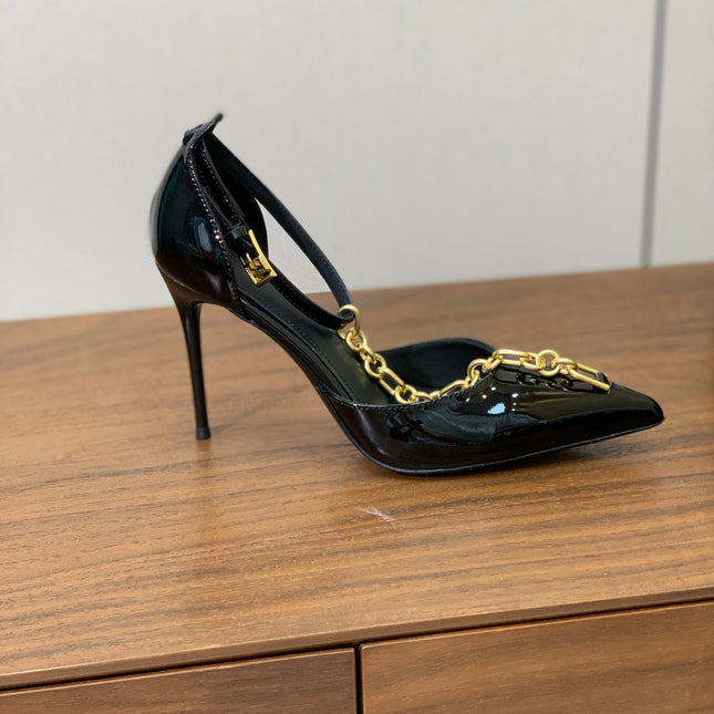 BALMAIN 26S CHAIN HIGH HEELS 95 MM IN BLACK PATENT CALFSKIN