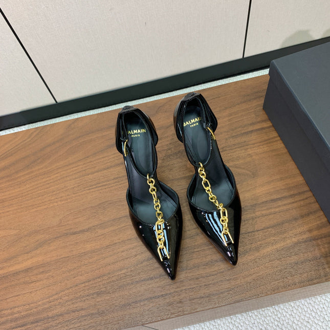 BALMAIN 26S CHAIN HIGH HEELS 95 MM IN BLACK PATENT CALFSKIN