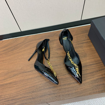 BALMAIN 26S CHAIN HIGH HEELS 95 MM IN BLACK PATENT CALFSKIN