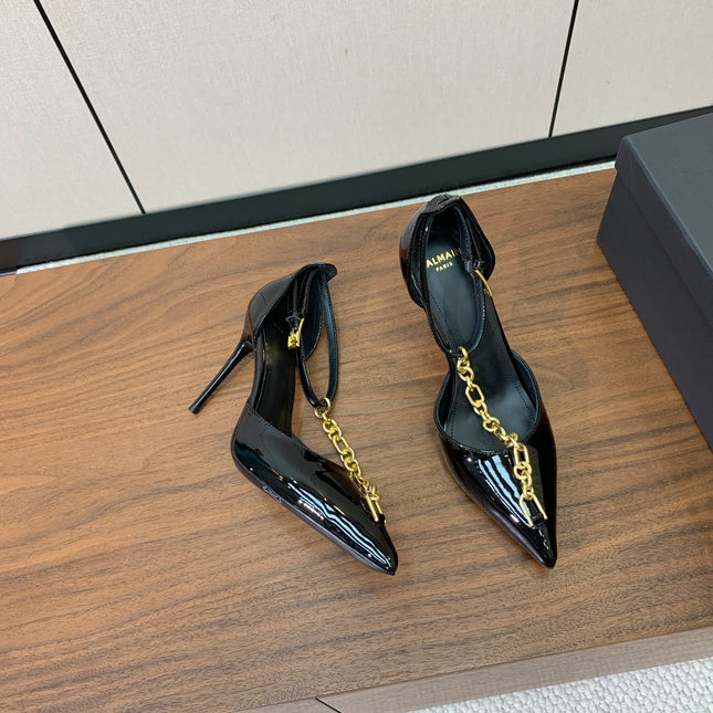 BALMAIN 26S CHAIN HIGH HEELS 95 MM IN BLACK PATENT CALFSKIN