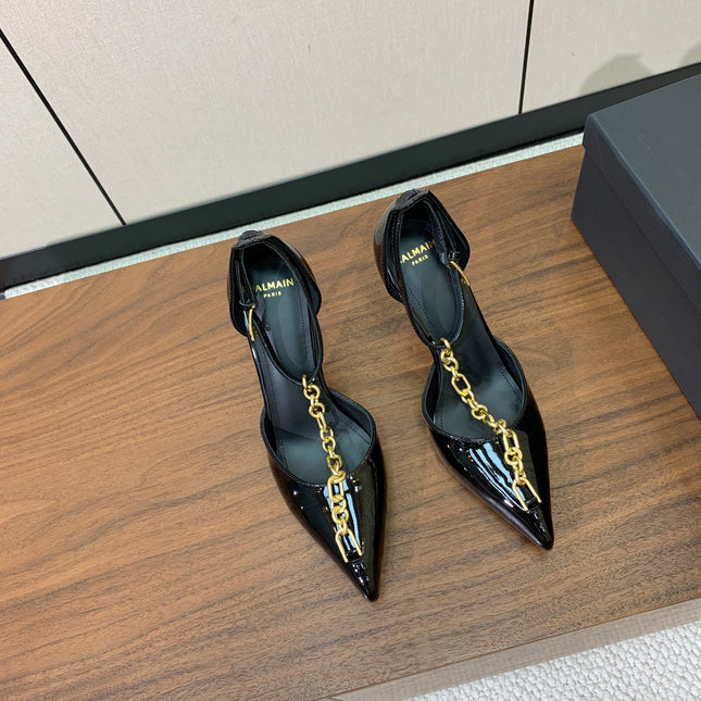 BALMAIN 26S CHAIN HIGH HEELS 95 MM IN BLACK PATENT CALFSKIN