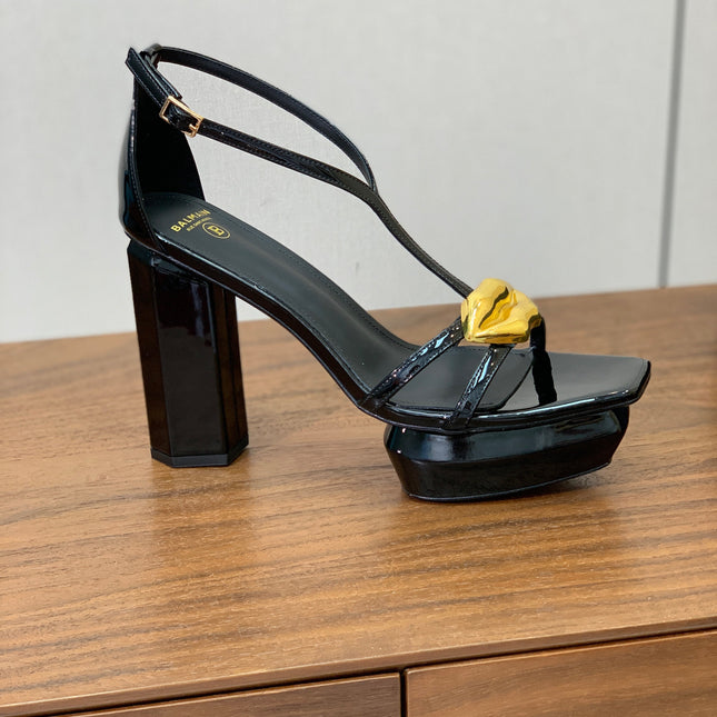 BALMAIN 26S LIP-EMBELLISHED HEELS 105 MM IN BLACK CALFSKIN WITH GOLD HARDWARE