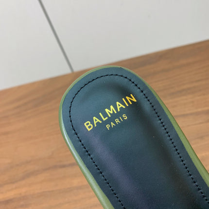 BALMAIN 26S B-BELT FLAT SANDALS IN OLIVE GREEN CALFSKIN AND PONY HAIR
