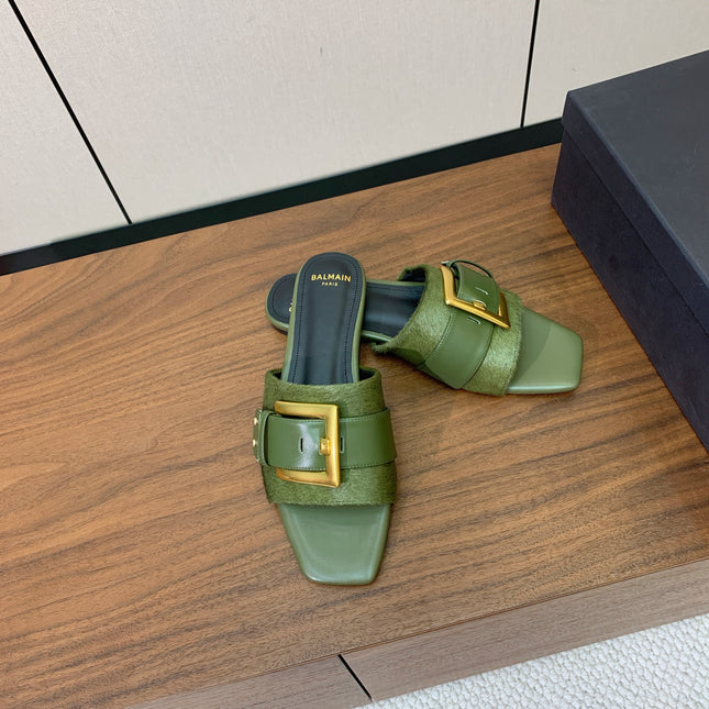 BALMAIN 26S B-BELT FLAT SANDALS IN OLIVE GREEN CALFSKIN AND PONY HAIR