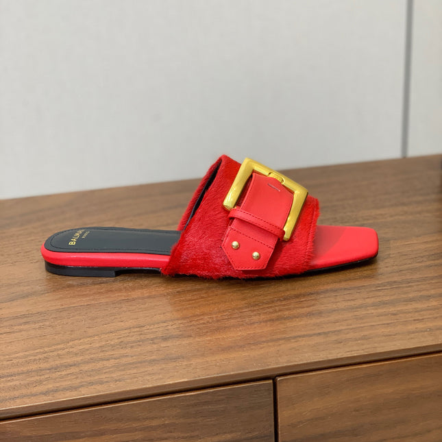 BALMAIN 26S B-BELT FLAT SANDALS IN RED CALFSKIN AND PONY HAIR