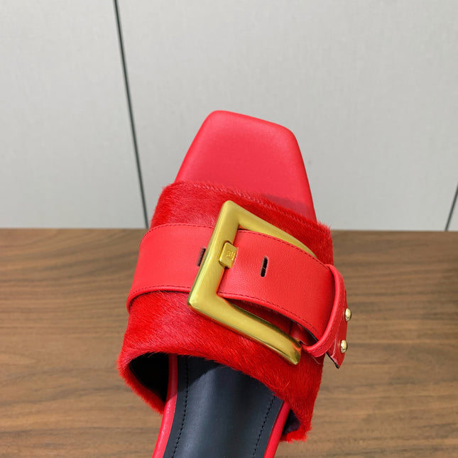 BALMAIN 26S B-BELT FLAT SANDALS IN RED CALFSKIN AND PONY HAIR