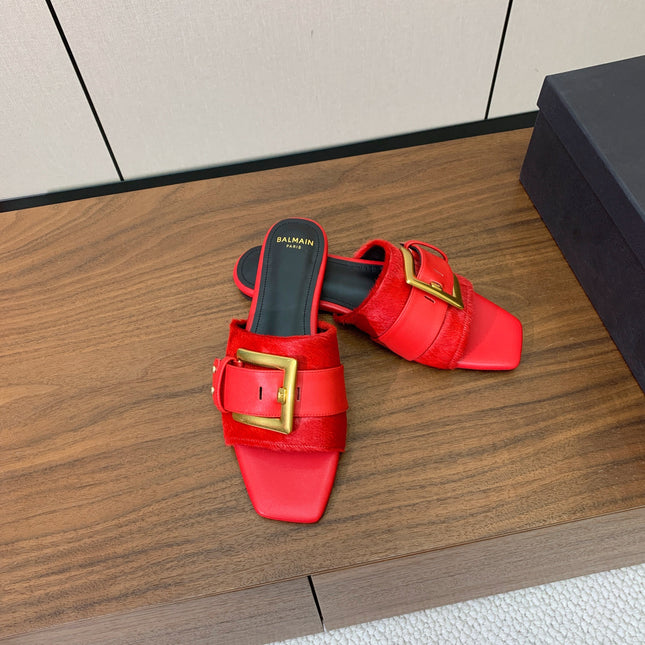 BALMAIN 26S B-BELT FLAT SANDALS IN RED CALFSKIN AND PONY HAIR