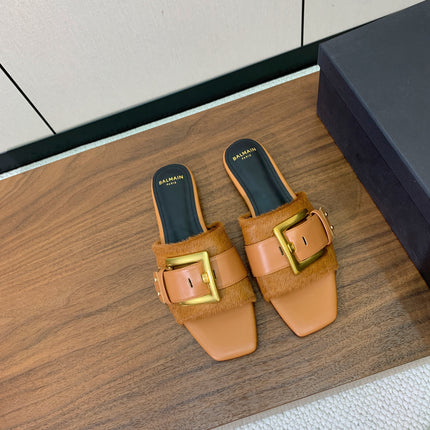 BALMAIN 26S B-BELT FLAT SANDALS IN LIGHT BROWN CALFSKIN AND PONY HAIR