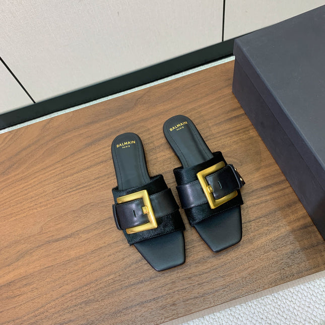 BALMAIN 26S B-BELT FLAT SANDALS IN BLACK CALFSKIN AND PONY HAIR