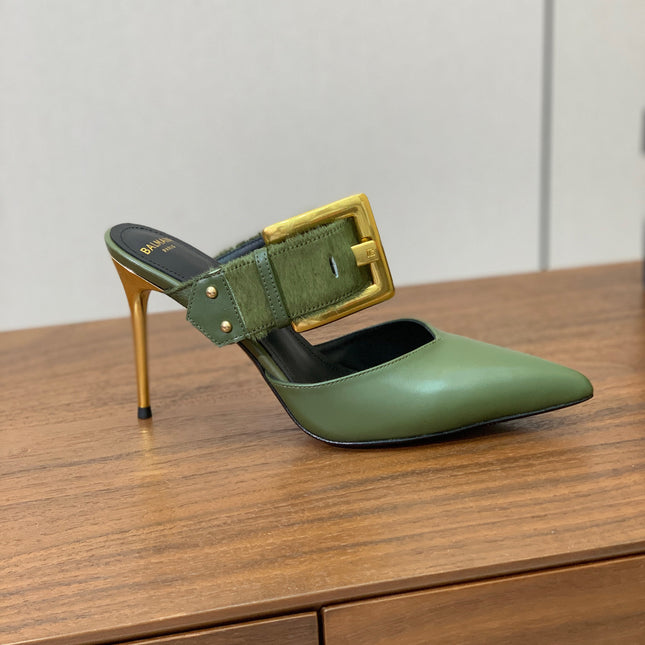 BALMAIN 26S HIGH-HEELED MULES 95 MM IN OLIVE GREEN CALFSKIN AND PONY HAIR