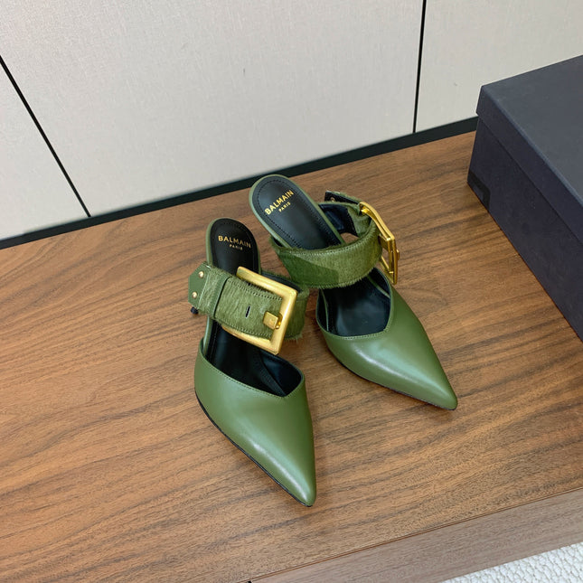 BALMAIN 26S HIGH-HEELED MULES 95 MM IN OLIVE GREEN CALFSKIN AND PONY HAIR