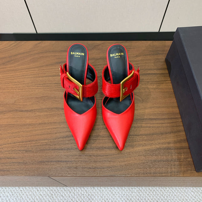 BALMAIN 26S HIGH-HEELED MULES 95 MM IN RED CALFSKIN AND PONY HAIR