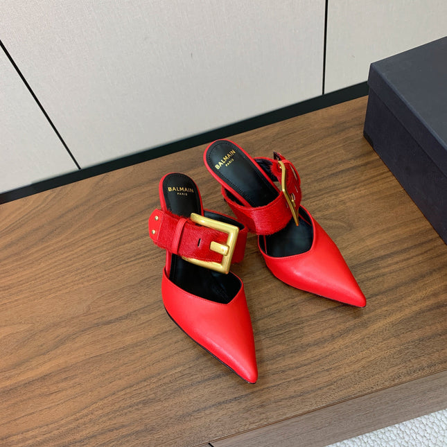 BALMAIN 26S HIGH-HEELED MULES 95 MM IN RED CALFSKIN AND PONY HAIR