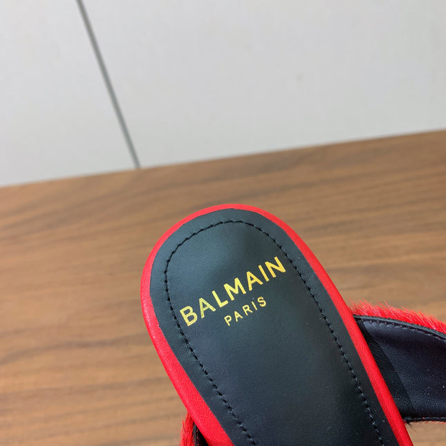 BALMAIN 26S HIGH-HEELED MULES 95 MM IN RED CALFSKIN AND PONY HAIR
