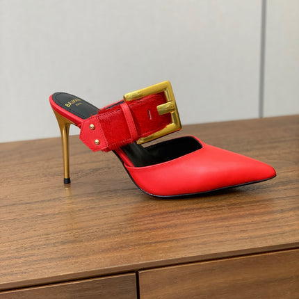 BALMAIN 26S HIGH-HEELED MULES 95 MM IN RED CALFSKIN AND PONY HAIR