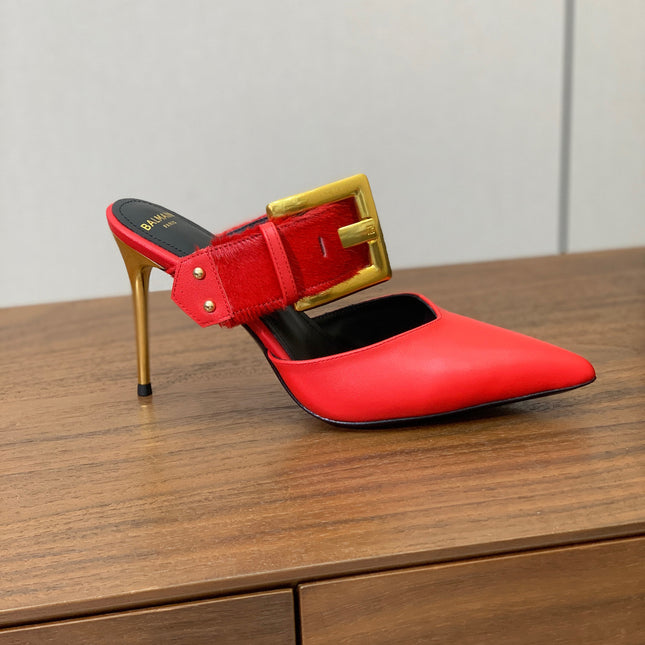 BALMAIN 26S HIGH-HEELED MULES 95 MM IN RED CALFSKIN AND PONY HAIR