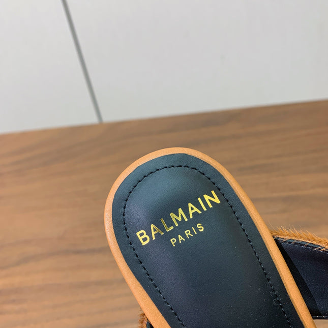 BALMAIN 26S HIGH-HEELED MULES 95 MM IN LIGHT BROWN CALFSKIN AND PONY HAIR