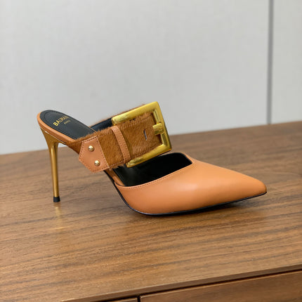 BALMAIN 26S HIGH-HEELED MULES 95 MM IN LIGHT BROWN CALFSKIN AND PONY HAIR