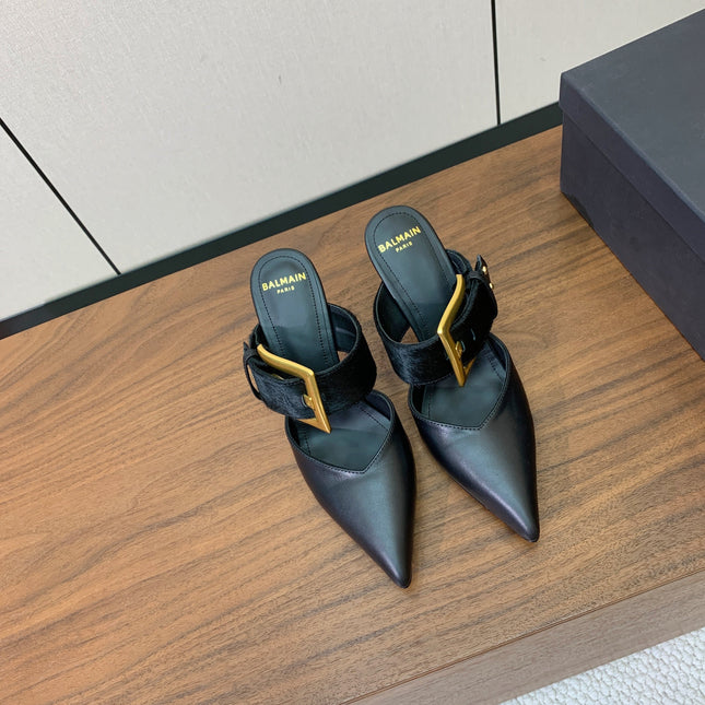 BALMAIN 26S HIGH-HEELED MULES 95 MM IN BLACK CALFSKIN AND PONY HAIR