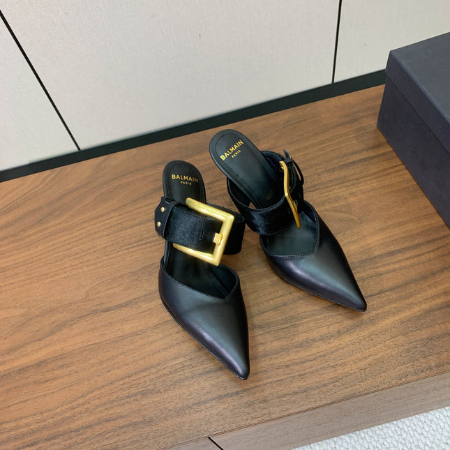 BALMAIN 26S HIGH-HEELED MULES 95 MM IN BLACK CALFSKIN AND PONY HAIR
