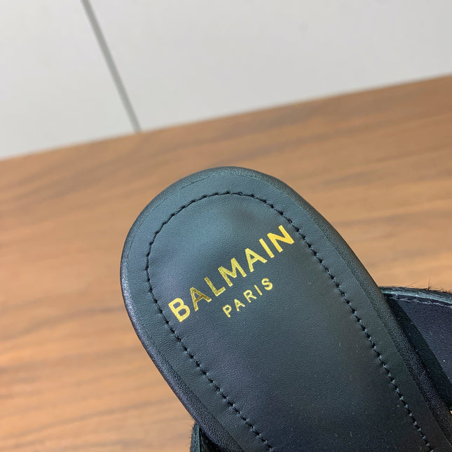 BALMAIN 26S HIGH-HEELED MULES 95 MM IN BLACK CALFSKIN AND PONY HAIR