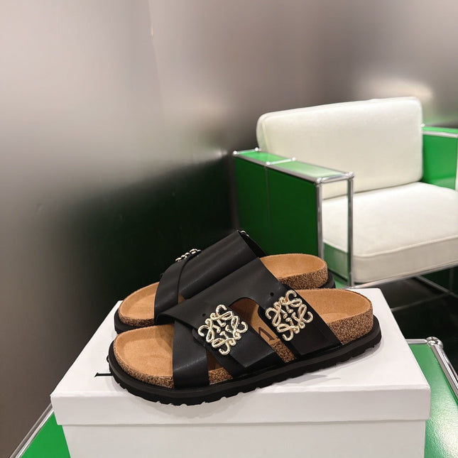 LOEWE 26S ANAGRAM FLAT SLIDES IN BLACK CALFSKIN