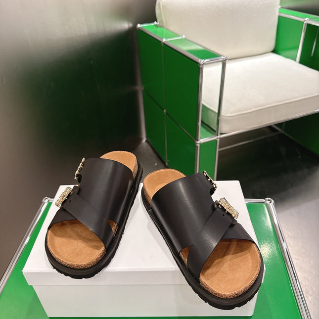 LOEWE 26S ANAGRAM FLAT SLIDES IN BLACK CALFSKIN