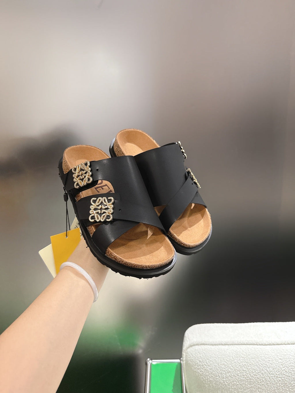 LOEWE 26S ANAGRAM FLAT SLIDES IN BLACK CALFSKIN