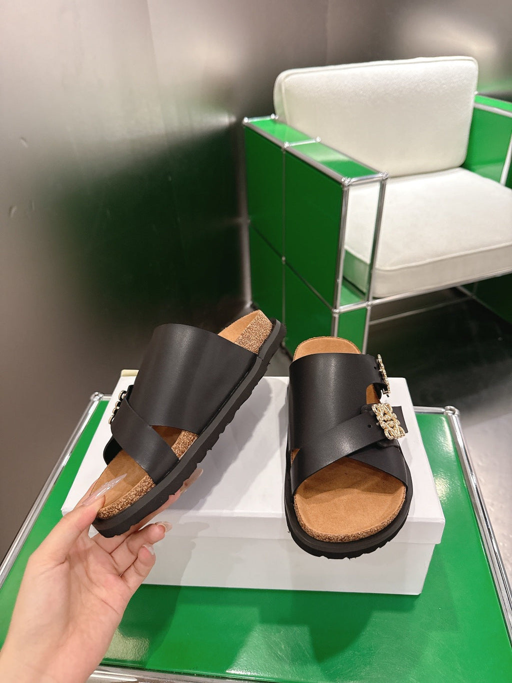 LOEWE 26S ANAGRAM FLAT SLIDES IN BLACK CALFSKIN