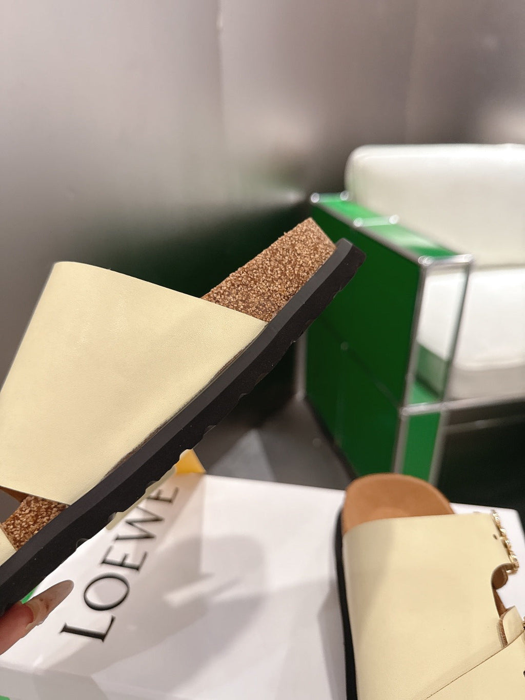 LOEWE 26S ANAGRAM FLAT SLIDES IN BEIGE CALFSKIN