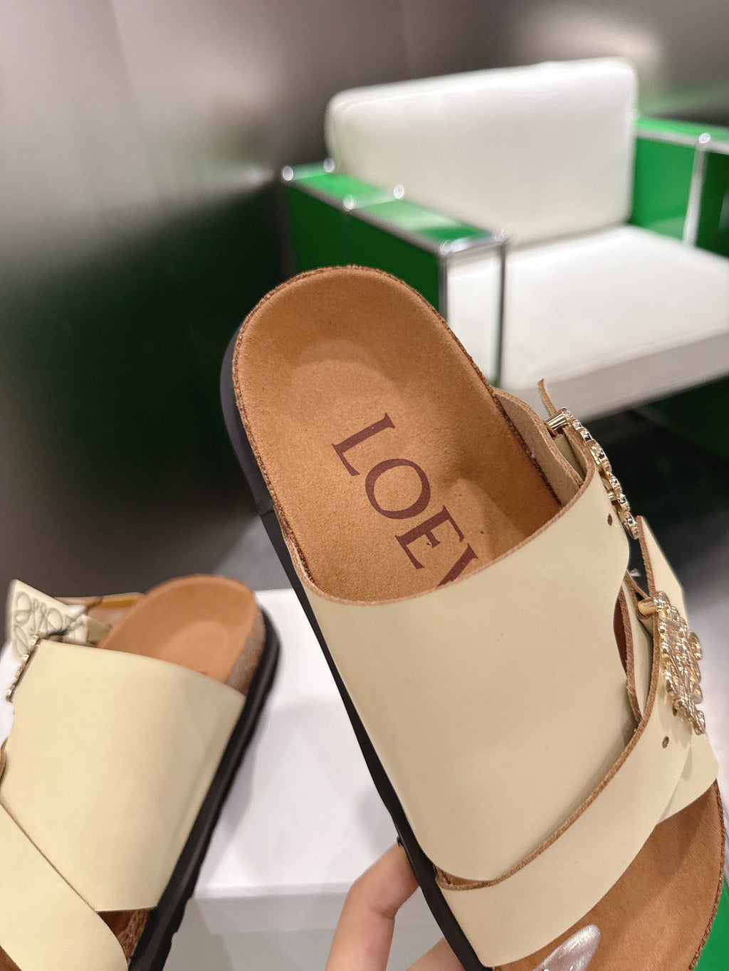 LOEWE 26S ANAGRAM FLAT SLIDES IN BEIGE CALFSKIN