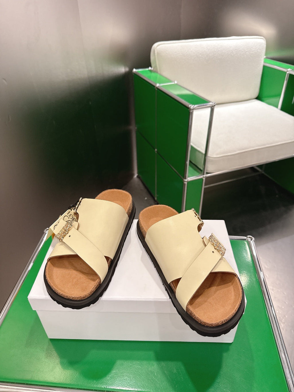 LOEWE 26S ANAGRAM FLAT SLIDES IN BEIGE CALFSKIN