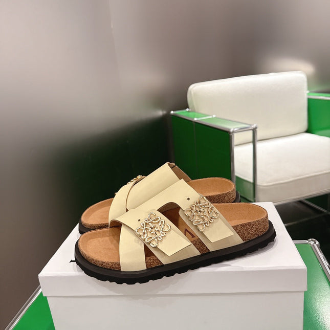 LOEWE 26S ANAGRAM FLAT SLIDES IN BEIGE CALFSKIN