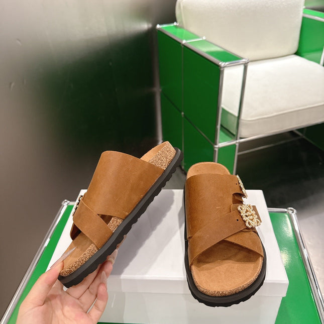 LOEWE 26S ANAGRAM FLAT SLIDES IN CARAMEL BROWN SUEDE