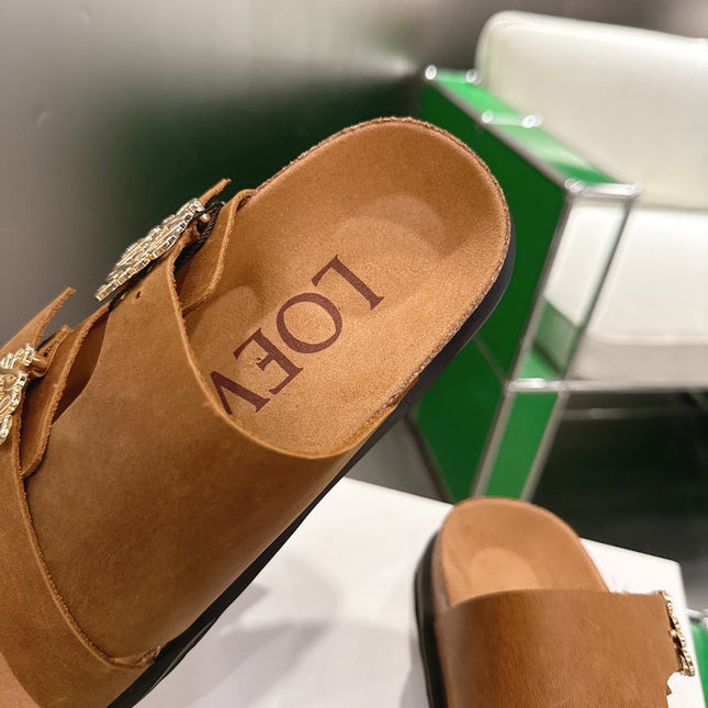 LOEWE 26S ANAGRAM FLAT SLIDES IN CARAMEL BROWN SUEDE