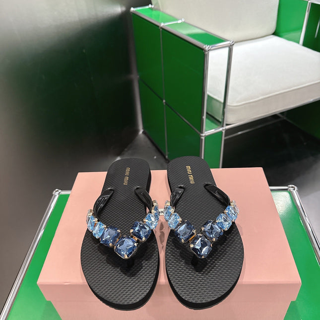 MIUMIU 26S THONG SANDALS IN BLACK EVA BLUE CRYSTAL-EMBELLISHED