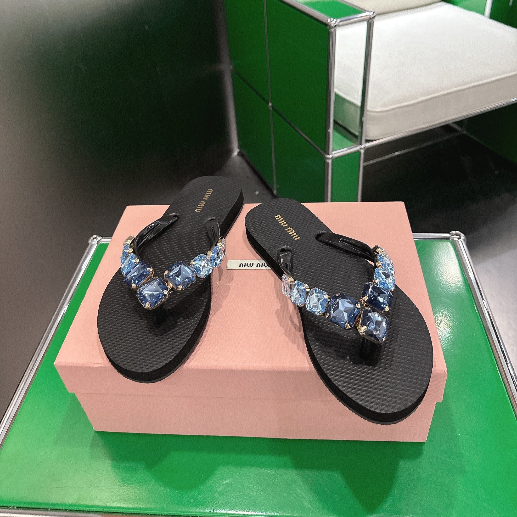 MIUMIU 26S THONG SANDALS IN BLACK EVA BLUE CRYSTAL-EMBELLISHED