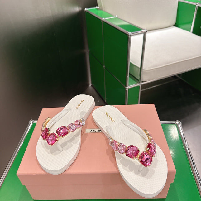 MIUMIU 26S THONG SANDALS IN WHITE EVA PINK CRYSTAL-EMBELLISHED