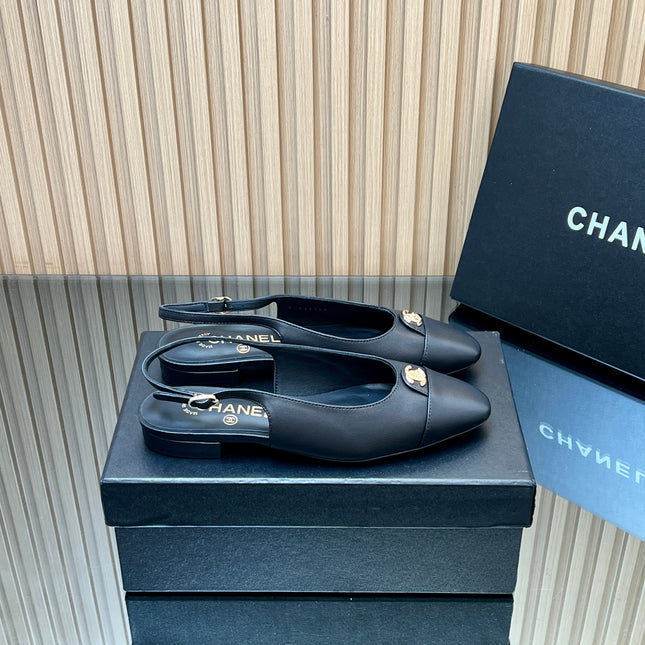 CHANEL 25S SLINGBACK FLATS IN BLACK CALFSKIN GOLD HARDWARE
