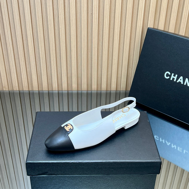 CHANEL 25S SLINGBACK FLATS IN WHITE CALFSKIN GOLD HARDWARE