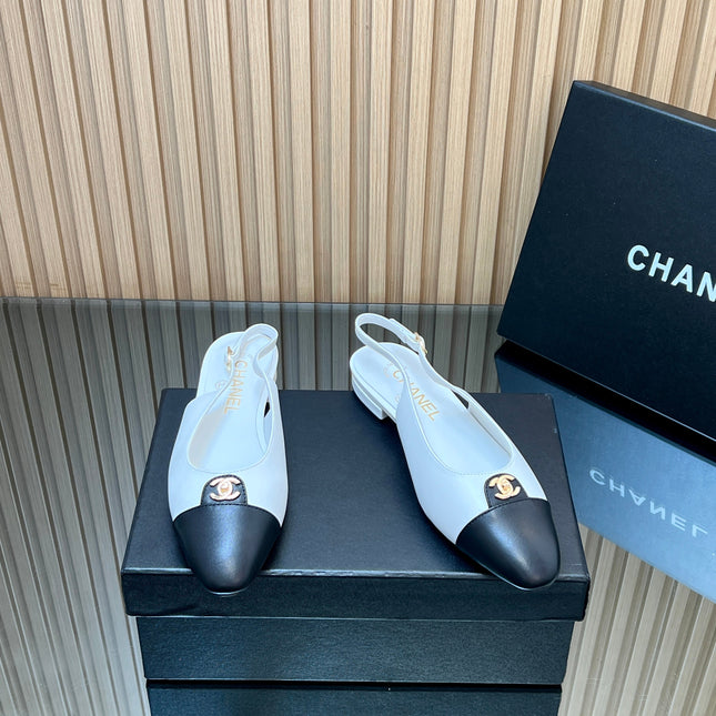 CHANEL 25S SLINGBACK FLATS IN WHITE CALFSKIN GOLD HARDWARE