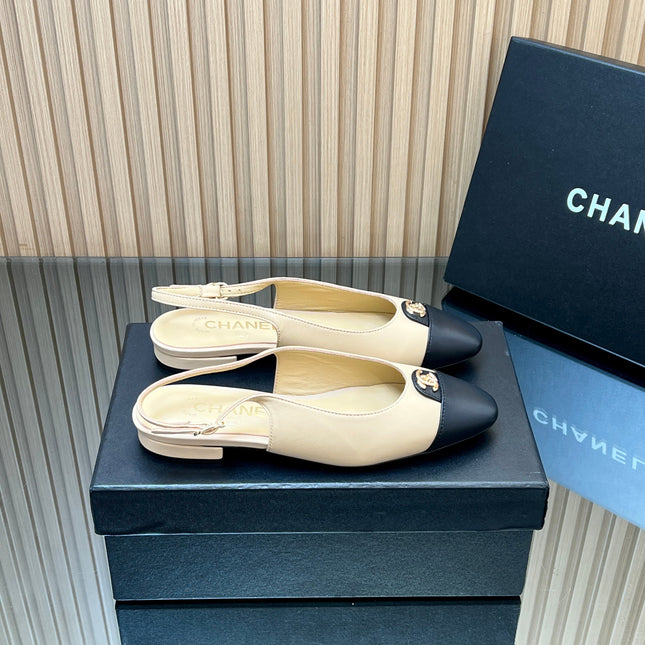 CHANEL 25S SLINGBACK FLATS IN BEIGE CALFSKIN GOLD HARDWARE