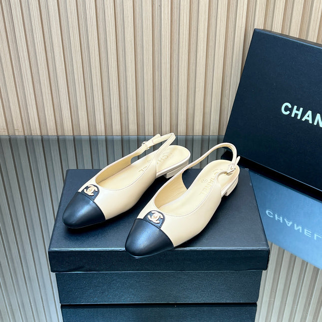 CHANEL 25S SLINGBACK FLATS IN BEIGE CALFSKIN GOLD HARDWARE